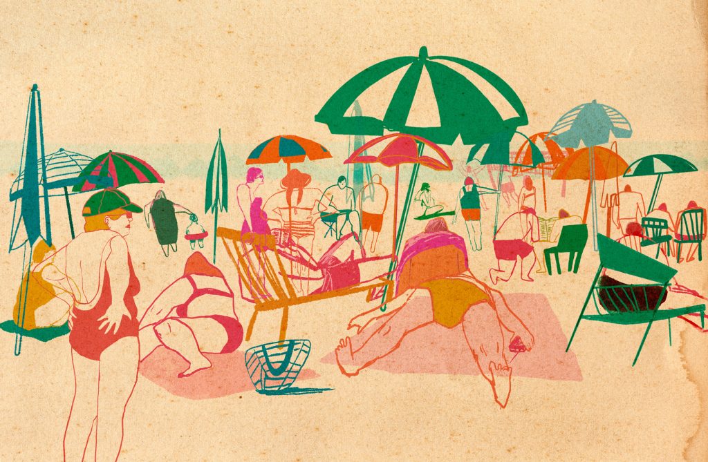 Digital illustration av en strandscen med parasoller och badgäster