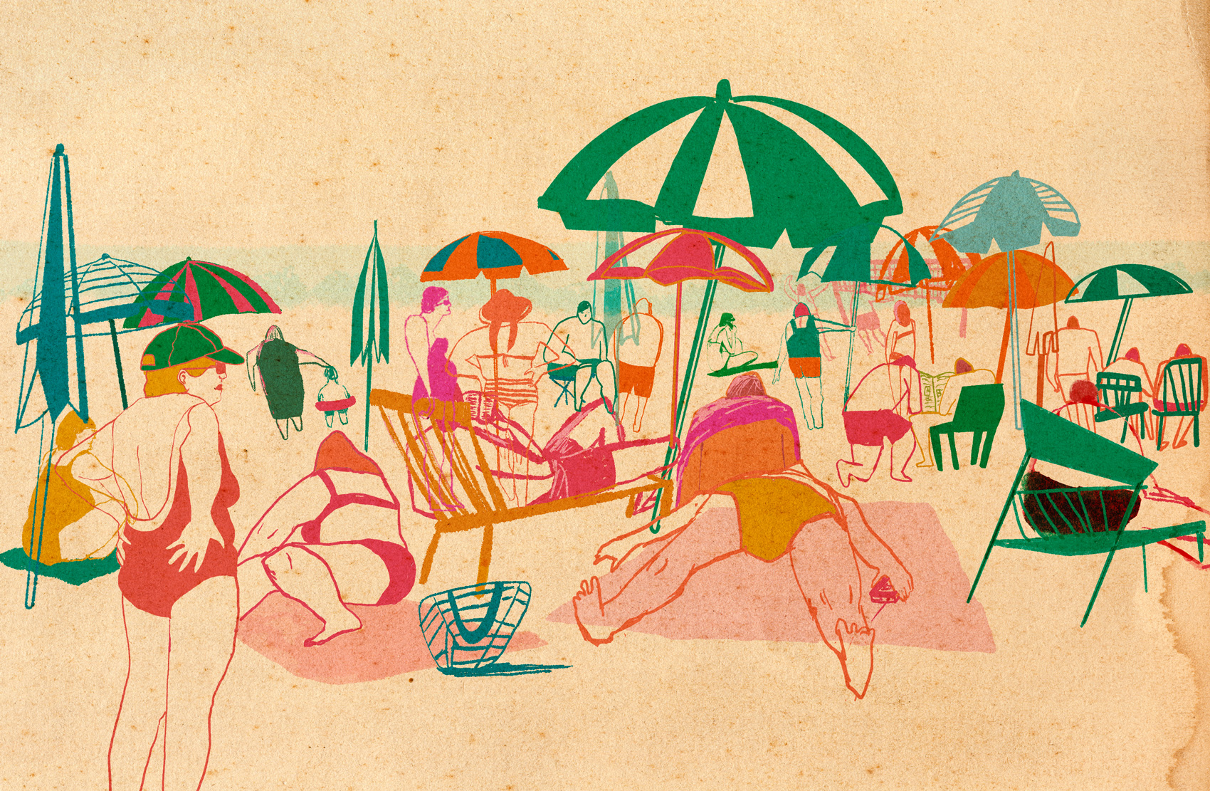 Digital illustration av en strandscen med parasoller och badgäster